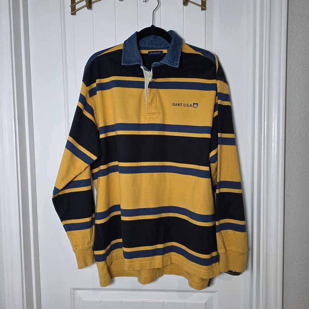 GANT USA Yellow and‎ Navy Striped Rugby Shirt
